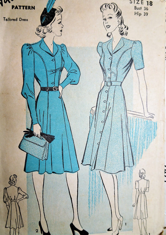 Late 1930s STYLISH Dress Pattern ADVANCE 2547 Two Styles Lovely Long Sleeve Version Bust 36 Vintage Sewing Pattern