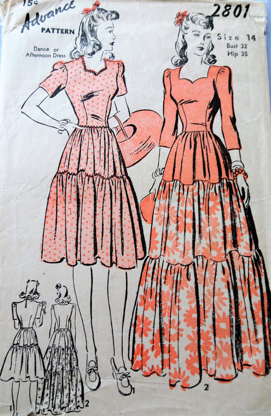 1940s Day or Evening Dress Pattern ADVANCE 2801 Sweetheart Neckline Day or Dance Dress Bust 32 Vintage Sewing Pattern FACTORY FOLDED