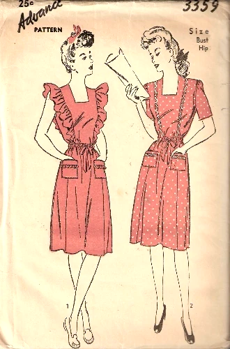 1940s CUTE Sleeveless Pinafore Apron Dress Pattern ADVANCE 3359 Two Pretty Styles Bust 30 Vintage Sewing Pattern