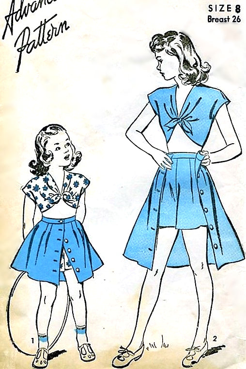 1940s CUTE Little Girls Playsuit Pattern ADVANCE 4159 Front Tie Midriff Top,Highwaist Shorts,Front Button Skirt Size 8 Childrens Vintage Sewing Pattern