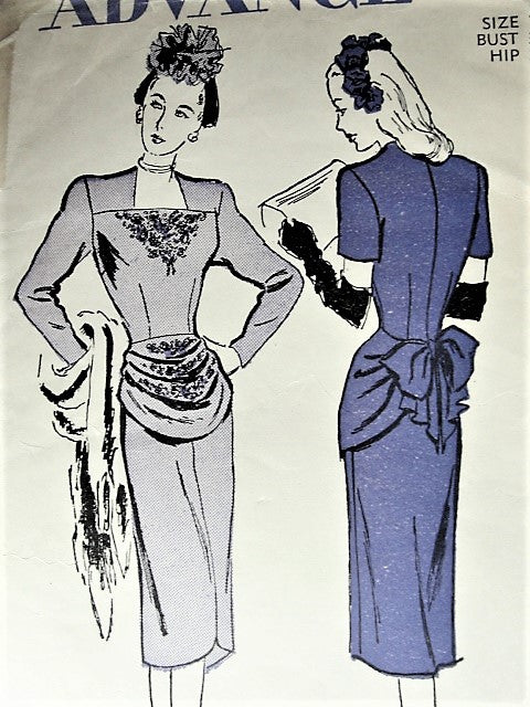 1940s FILM NOIR Style Cocktail Evening Party Dress Pattern ADVANCE 4475 Stunning Style Details Bust 32 Vintage Sewing Pattern