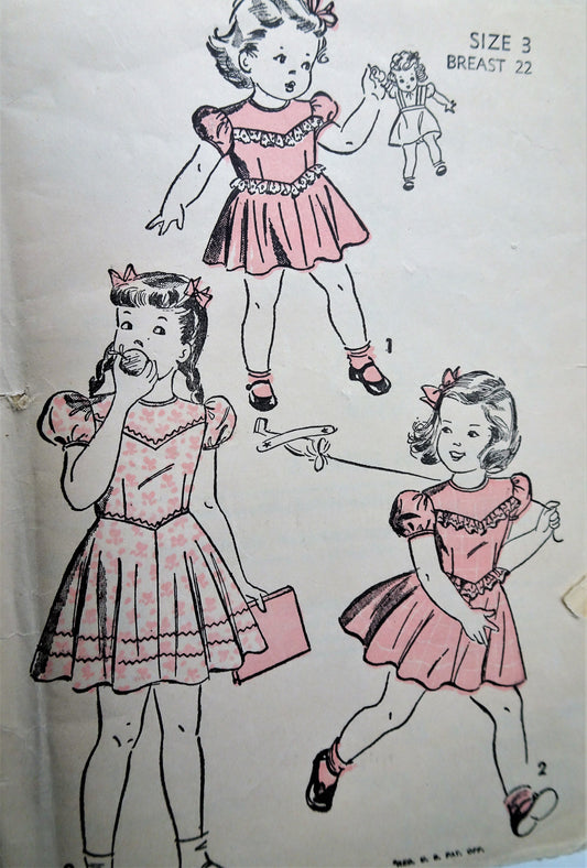 1940s DELIGHTFUL Little Girls Dress Pattern ADVANCE 4702 Three Sweet Styles Size 3 Childrens Vintage Sewing Pattern