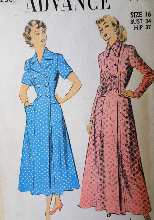 1940s CLASSY Housecoat Robe Pattern ADVANCE 4991 Double Breasted Brunch Coat or Hostess Gown 2 Versions and Lengths Bust 34 Vintage Sewing Pattern FF
