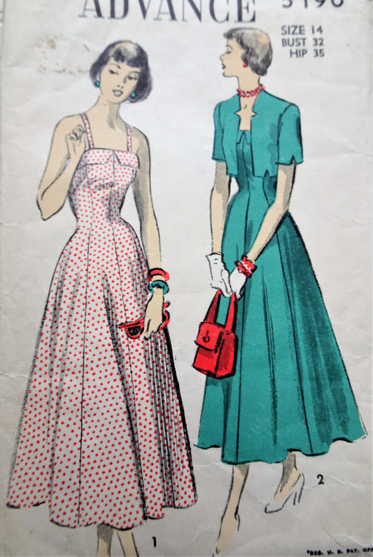 1940s LOVELY Sundress and Bolero pattern ADVANCE 5190 Figure Flattering Design, Day or Party, Bust 32 Vintage Sewing Pattern