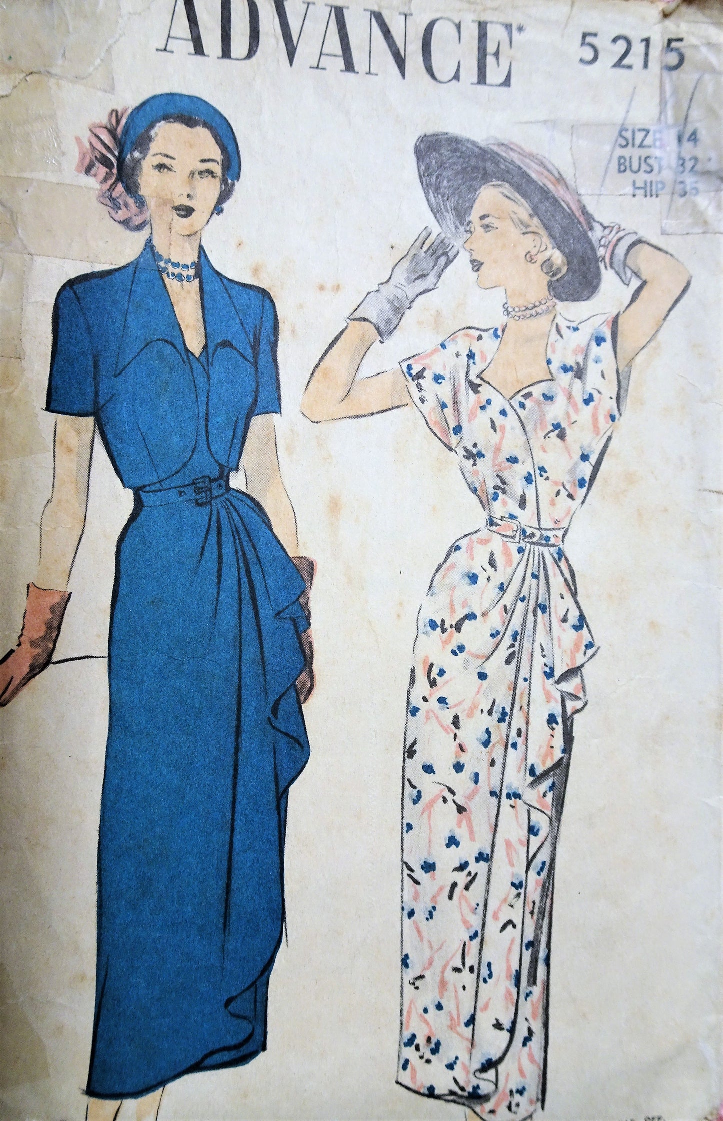 1940s STUNNING Dress and Bolero Jacket Pattern ADVANCE 5215 Beautiful Side Draped Dress, Sweetheart Neckline Bust 32 Vintage Sewing Pattern