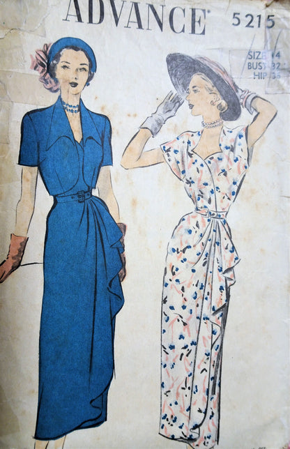1940s STUNNING Dress and Bolero Jacket Pattern ADVANCE 5215 Beautiful Side Draped Dress, Sweetheart Neckline Bust 32 Vintage Sewing Pattern