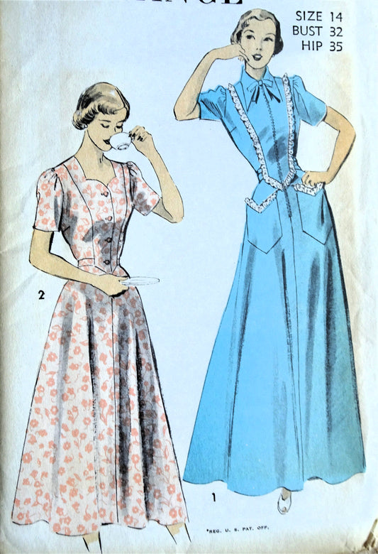 Late 1940s SWEETHEART Neckline House Dress or Housecoat Robe Pattern ADVANCE Two Pretty Styles and Lengths, Bust 32 Vintage Sewing Pattern FACTORY FOLDED