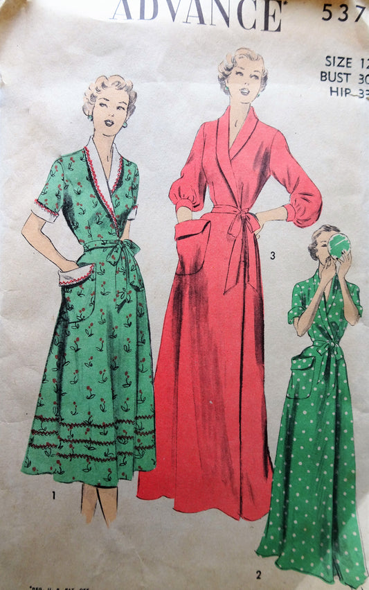 1950s LOVELY  House Coat Robe Pattern ADVANCE 5371 Full Length Dressing Gown, Brunch Coat or Short Housedress, Bust 30 Vintage Sewing Pattern