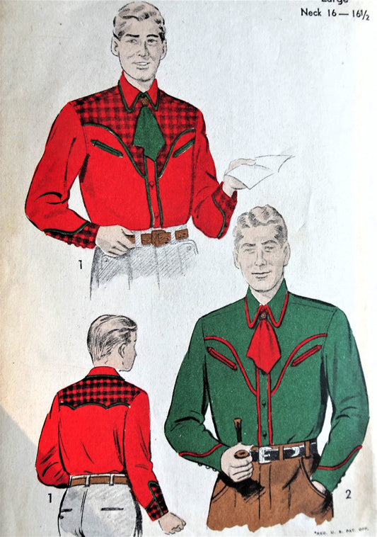 1950s Randolph Scott Style Men's Western Style Shirts and Tie Pattern ADVANCE 5442  Menswear, Cowboy Style, Size Large, Vintage Sewing Pattern FACTORY FOLDED