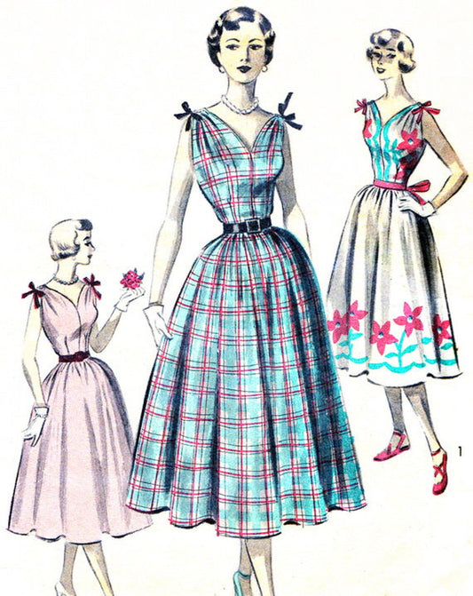 1950s LOVELY Dress Pattern ADVANCE 5627 Full Skirt Sundress V Neckline and Back,Shoulder Bows Bust 32 Vintage Sewing Pattern