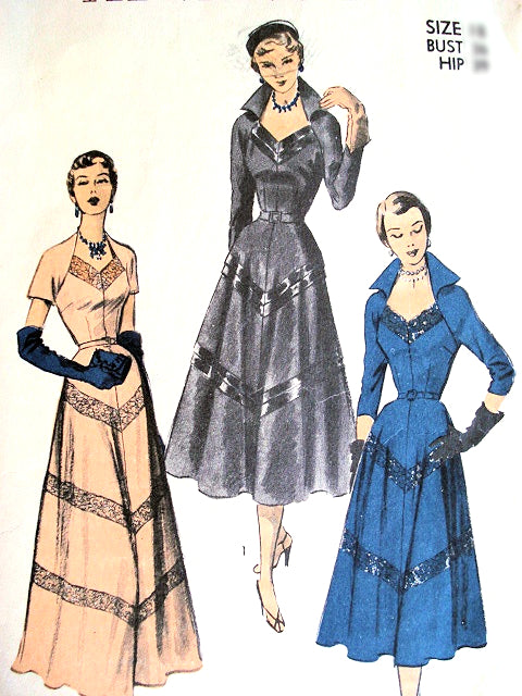 1950s STRIKING Evening Gown or Cocktail Dress Pattern ADVANCE 5635 Fantastic Stand Up Wing Collar Shaped Neckline 3 Sleeve Lengths Couture Style Bust 34 Vintage Sewing Pattern FACTORY FOLDED