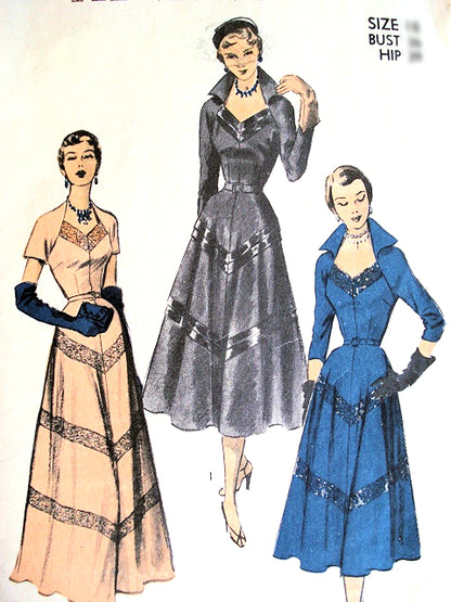 1950s STRIKING Evening Gown or Cocktail Dress Pattern ADVANCE 5635 Fantastic Stand Up Wing Collar Shaped Neckline 3 Sleeve Lengths Couture Style Bust 34 Vintage Sewing Pattern FACTORY FOLDED