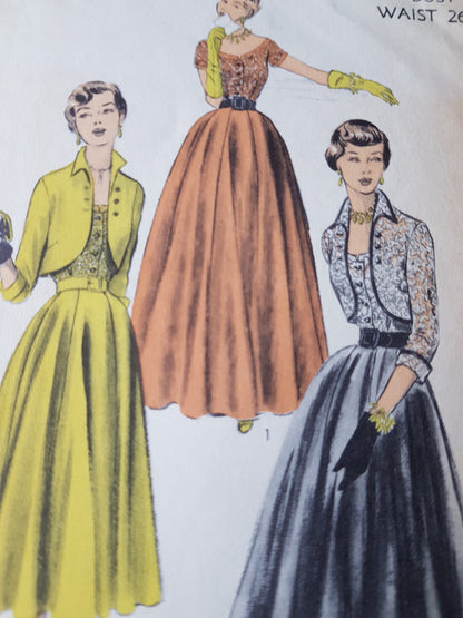 1950s STUNNING  Movie Star Ann Blyth Evening Gown Dress Pattern ADVANCE 5650 Beautiful Blouse, Skirt and Swing Back Jacket Bolero Bust 32 Rosemary Odell Hollywood Designer Vintage Sewing Pattern FF