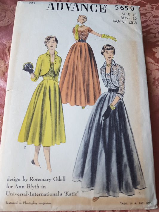 1950s STUNNING  Movie Star Ann Blyth Evening Gown Dress Pattern ADVANCE 5650 Beautiful Blouse, Skirt and Swing Back Jacket Bolero Bust 32 Rosemary Odell Hollywood Designer Vintage Sewing Pattern FF