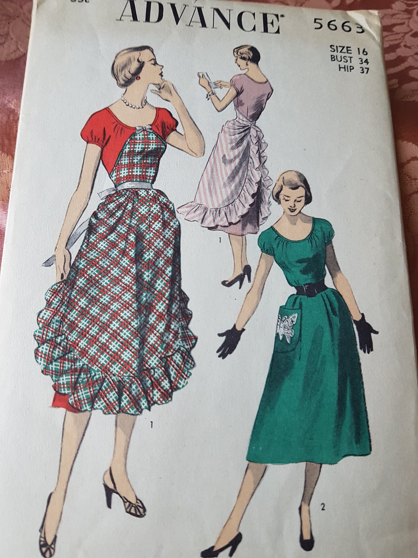 1950s CUTE Dress and Apron Pattern ADVANCE 5663, Puff Sleeved Dress with Pocket or Full Bib Ruffled Apron, Bust 34 Vintage Sewing Pattern FACTORY FOLDED