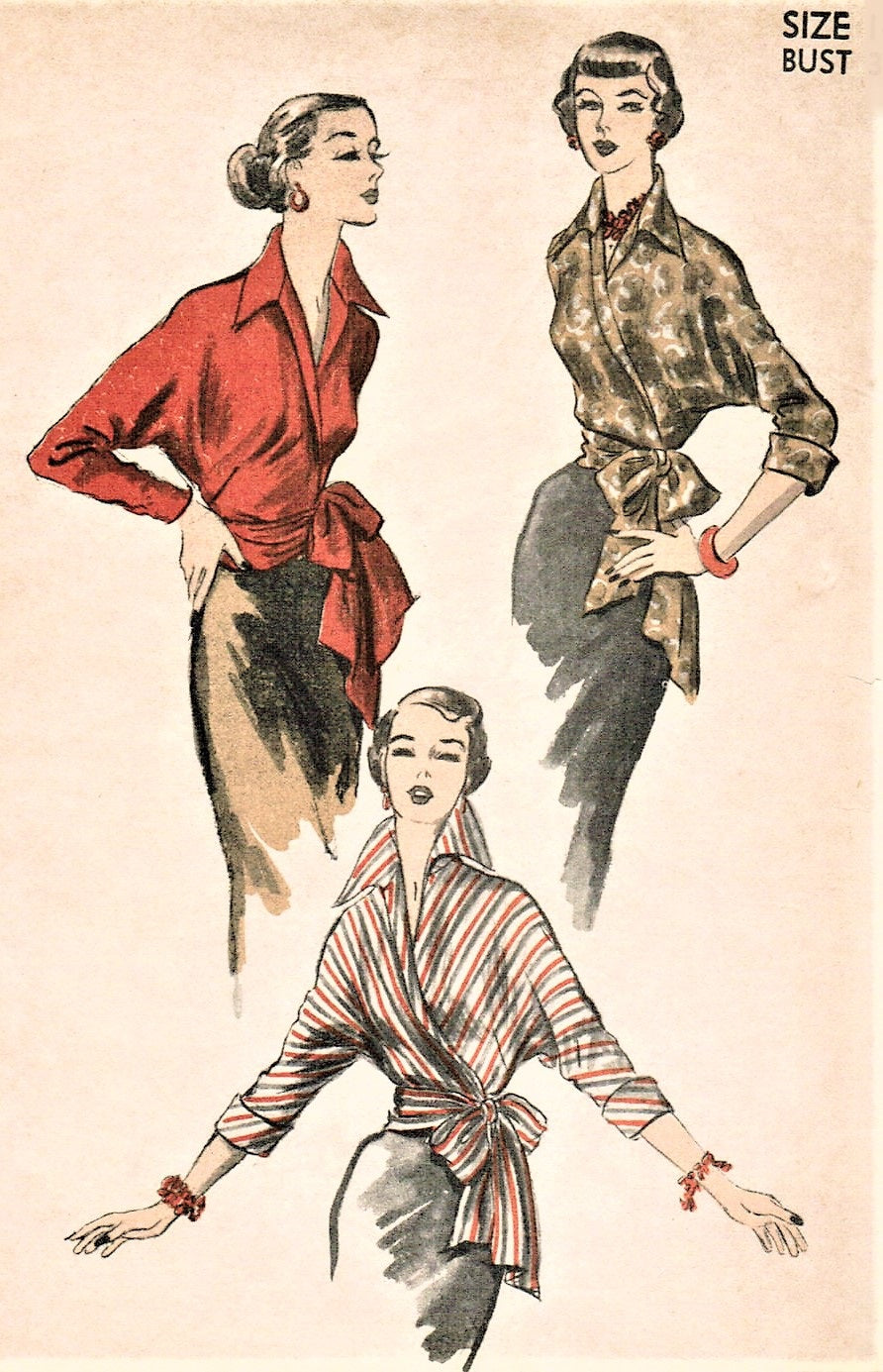 1950s GORGEOUS Wrap Around Blouse Pattern ADVANCE 5677 Striking Wing Collar, Day or Evening Blouse Bust 32 Vintage Sewing Pattern