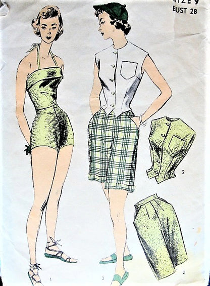 1950s GLAMOROUS Bathing Suit Beachwear Pattern ADVANCE 5794 Includes High Waist Walking Shorts and Weskit Blouse Bust 28 Weekend Wear Vintage Sewing Pattern