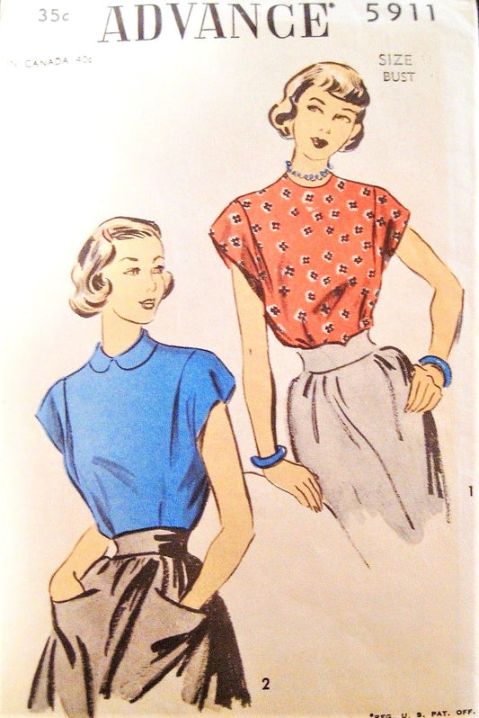 1940s PRETTY Blouse Pattern ADVANCE 5911 Two Lovely Style Versions, Bust 36 Vintage Sewing Pattern