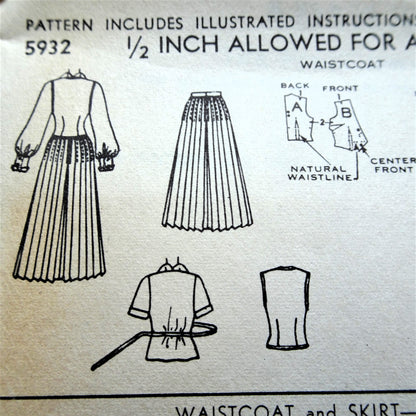 1950s LOVELY Waistcoat, Blouse and Pleated Skirt Pattern ADVANCE 5932 Beautiful Blouse in 2 Versions, Bust 32 Vintage Sewing Pattern FACTORY FOLDED