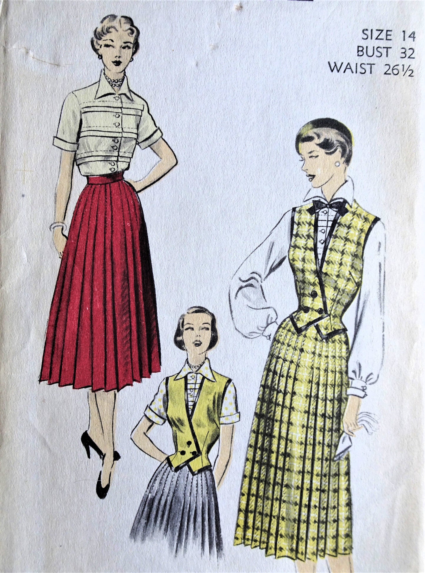 1950s LOVELY Waistcoat, Blouse and Pleated Skirt Pattern ADVANCE 5932 Beautiful Blouse in 2 Versions, Bust 32 Vintage Sewing Pattern FACTORY FOLDED