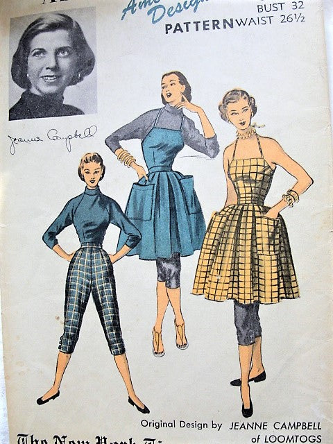 1950s GLAMOROUS Halter Apron Dress, Tapered Capri Pants and Blouse Pattern ADVANCE 5992 Lovely Styles by Designer Jeanne Campbell Bust 32 Vintage Sewing Pattern FF