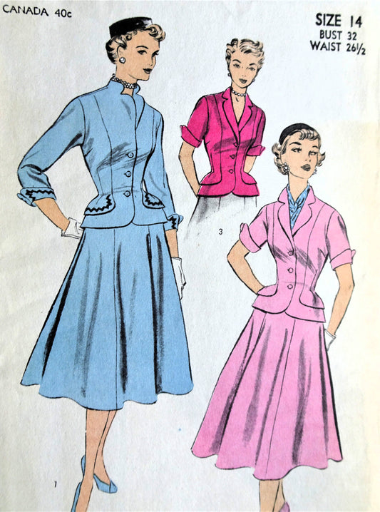 1950s FABULOUS 2Pc Dress or Suit Pattern ADVANCE 6052 Fitted Jacket, Flared Skirt, Bust 32 Vintage Sewing Pattern FF