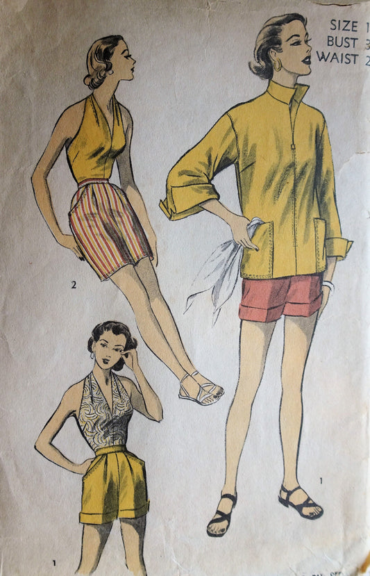 1950S GLAM Beach Wear Pattern ADVANCE 6105 Marilyn Monroe Style Halter Top, High Waist  Cuffed Shorts and Bermuda Shorts,Beach Jacket Bust 30 Vintage Sewing Pattern