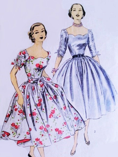 1950s Beautiful Party Evening Dress Pattern Advance 6122 Flattering Scallop Neckline Ruched Sleeves Full Dancing Skirt Cocktail Dress  Bust 32 Vintage Sewing Pattern