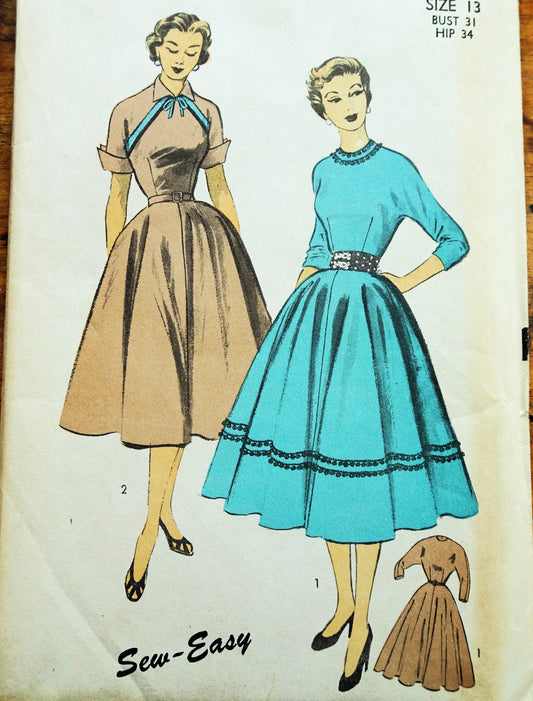 PRETTY 1950s Full Skirt Dress Pattern ADVANCE 6168 Two Bodice Versions, Bust 31 Sew Easy Vintage Sewing Pattern FACTORY FOLDED