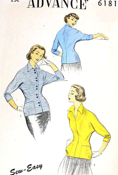 1950s UNIQUE Fitted Over Blouse Middy Pattern ADVANCE 6181 Front Zipper or Button ,Dolman Sleeves Blouse Bust 33, Sew Easy Vintage Sewing Pattern FACTORY FOLDED