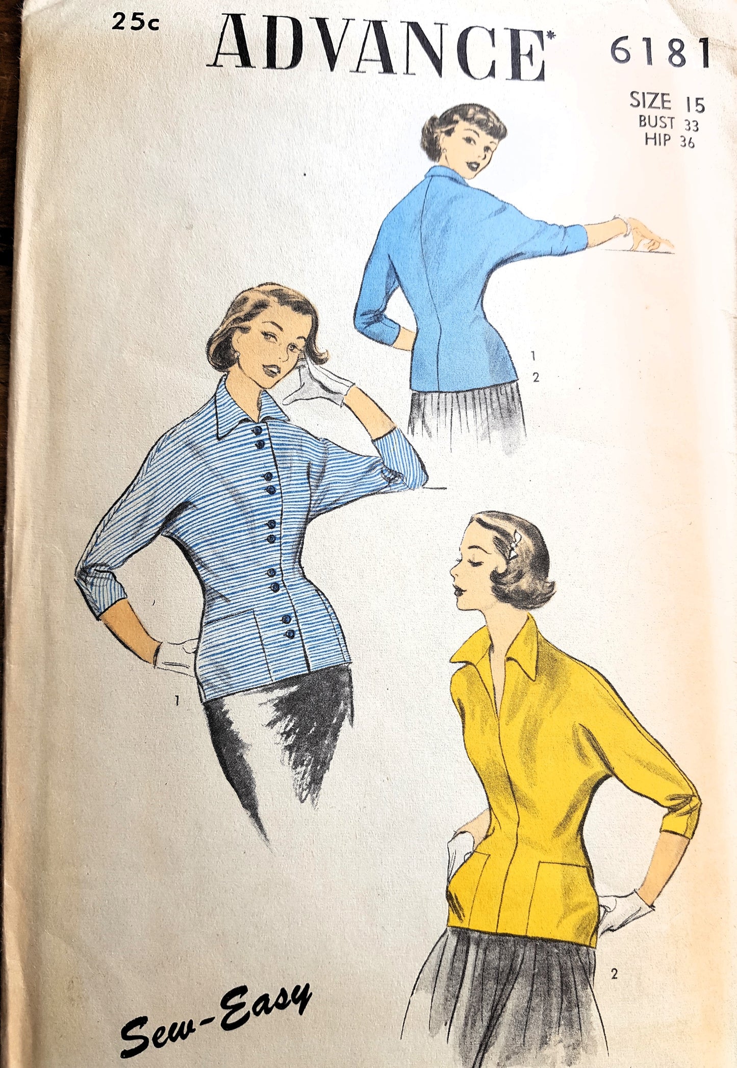 1950s UNIQUE Fitted Over Blouse Middy Pattern ADVANCE 6181 Front Zipper or Button ,Dolman Sleeves Blouse Bust 33, Sew Easy Vintage Sewing Pattern FACTORY FOLDED