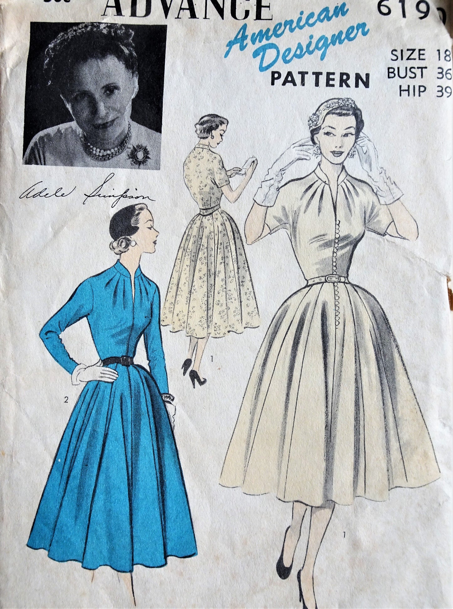 BEAUTIFUL 1950s Designer Adele Simpson Dress Pattern ADVANCE American Designer Series 6190, Pure Flattery, Day or Evening, Bust 36 Vintage Sewing Pattern FF