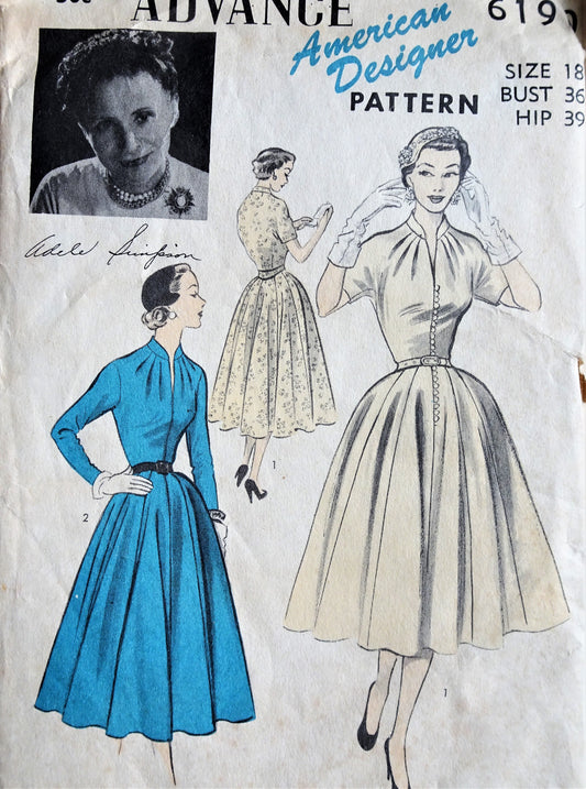 BEAUTIFUL 1950s Designer Adele Simpson Dress Pattern ADVANCE American Designer Series 6190, Pure Flattery, Day or Evening, Bust 36 Vintage Sewing Pattern FF