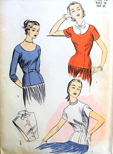 1950s Lovely Blouse and Dickey Insert Pattern ADVANCE 6206 Fitted Day or Evening Blouse Scoop or Jewel Neckline or  Dickey Insert Bust 34 Vintage Sewing Pattern FACTORY FOLDED