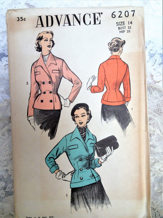 1950s STUNNING Jacket Pattern ADVANCE 6207 Very New Look Dior Fitted Jacket, Bust 32 Vintage Sewing Pattern FACTORY FOLDED