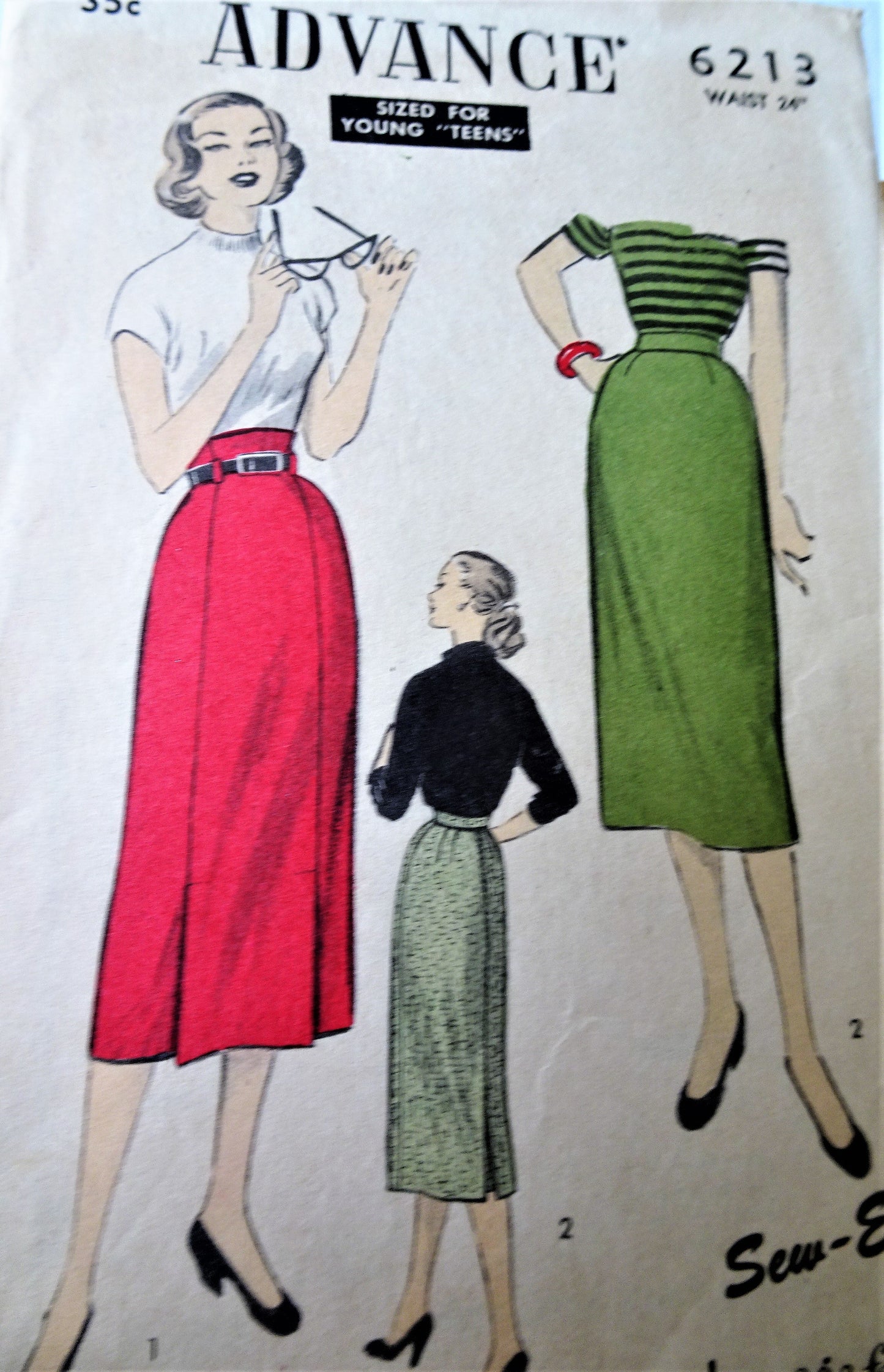 1950s CLASSY Slim Skirts Pattern ADVANCE 6213 High Waist Version Waist 24 Vintage Sewing Pattern