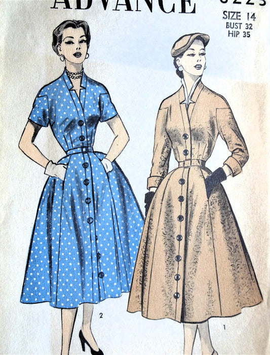 1950s FABULOUS Coat Dress Pattern ADVANCE 6223 Lovely Neckline, Front Button Flared Dress Bust 32 Vintage Sewing Pattern FF