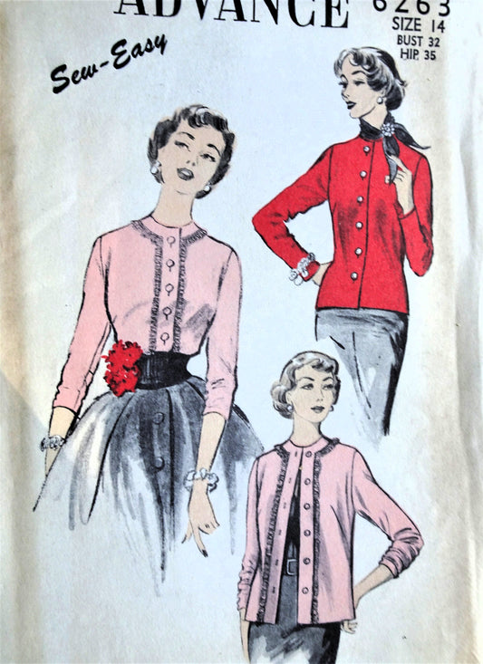 1950s CLASSIC Cardigan Blouse or Jacket Pattern ADVANCE 6263 Bust 32 Sew Easy Vintage Sewing Pattern FF
