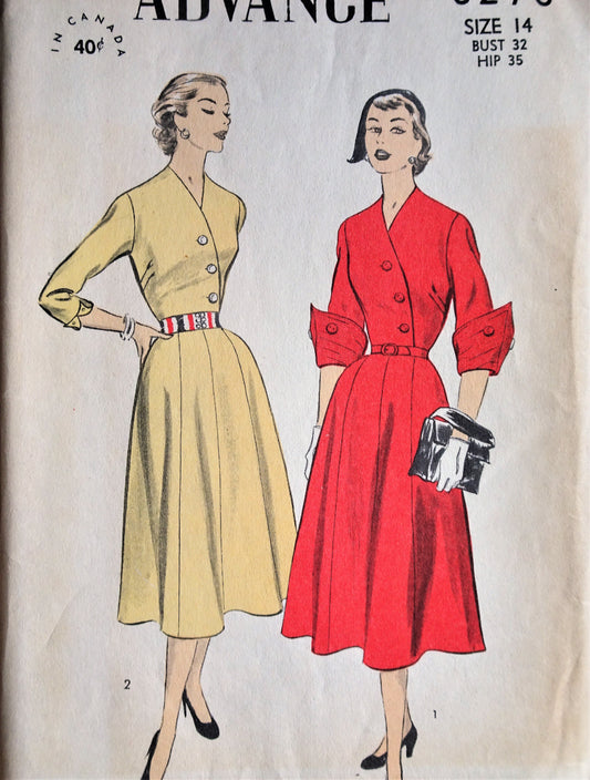 1950s FABULOUS Day or after 5 Dress Pattern ADVANCE 6276  Classy Surplice Bodice, Wing Cuff Version, Bust 32 Vintage Sewing Pattern FF