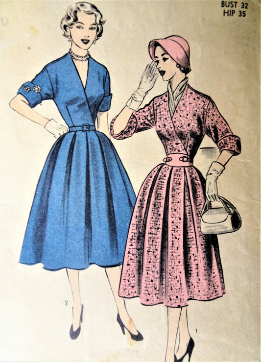 BEAUTIFUL 1950s Dress Pattern ADVANCE 6301 Surplice Bodice Pleated Dress Daytime or Party,Bust 32 Vintage Sewing Pattern