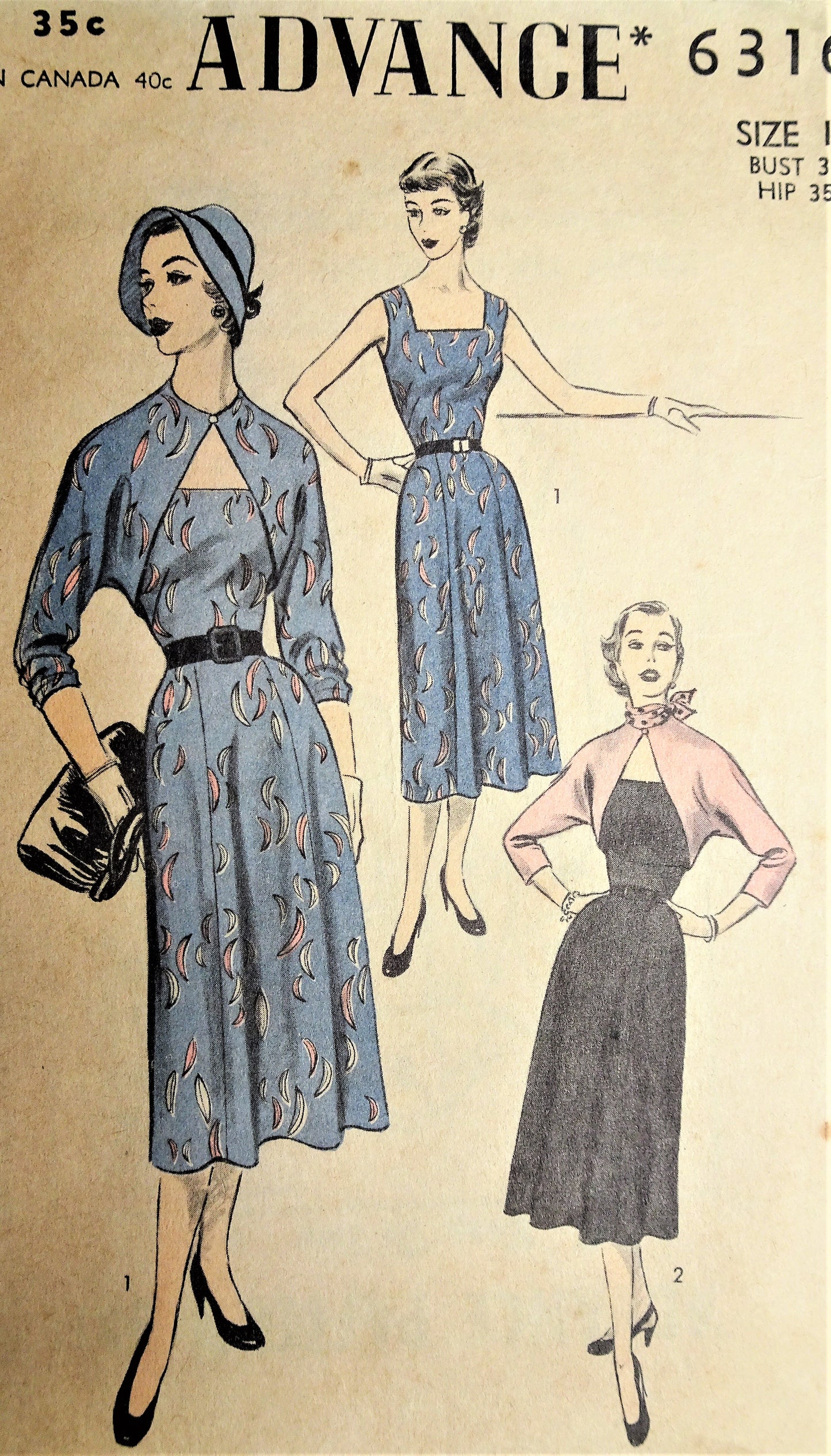 1950s BEAUTIFUL Dress and Bolero Jacket Pattern ADVANCE 6316 Figure Flattering Design Bust 32 Vintage Sewing Pattern