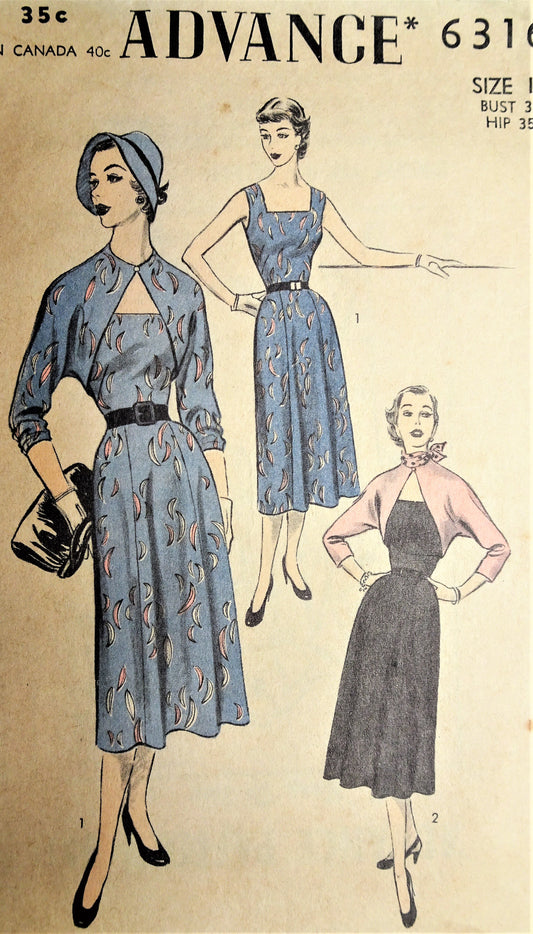 1950s BEAUTIFUL Dress and Bolero Jacket Pattern ADVANCE 6316 Figure Flattering Design Bust 32 Vintage Sewing Pattern
