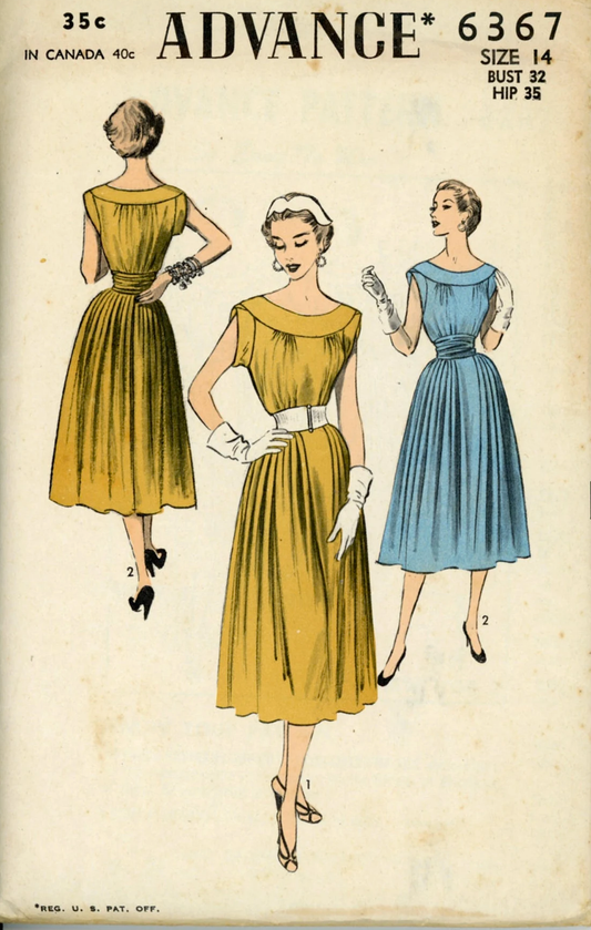 1950s BEAUTIFUL Dress Pattern ADVANCE 6367 Softly Pleated Skirt with Cummerbund Shirred Yoked Neckline, Bust 32 Vintage Sewing Pattern FACTORY FOLDED