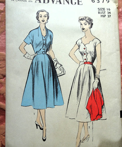 1950s PRETTY Dress and Bolero Pattern ADVANCE 6379 Scalloped Bodice Details, Bust 34 Vintage Sewing Pattern FACTORY FOLDED