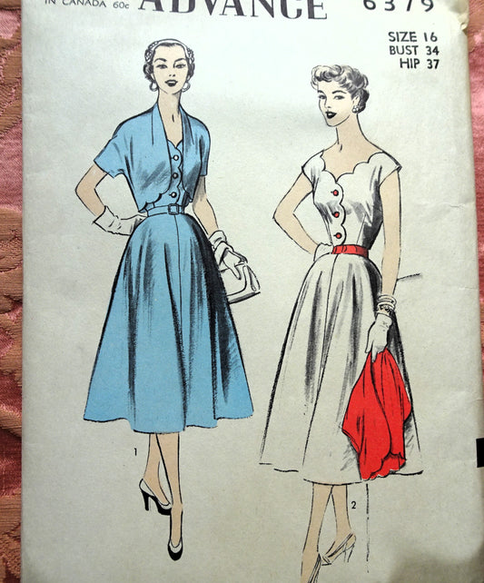 1950s PRETTY Dress and Bolero Pattern ADVANCE 6379 Scalloped Bodice Details, Bust 34 Vintage Sewing Pattern FACTORY FOLDED