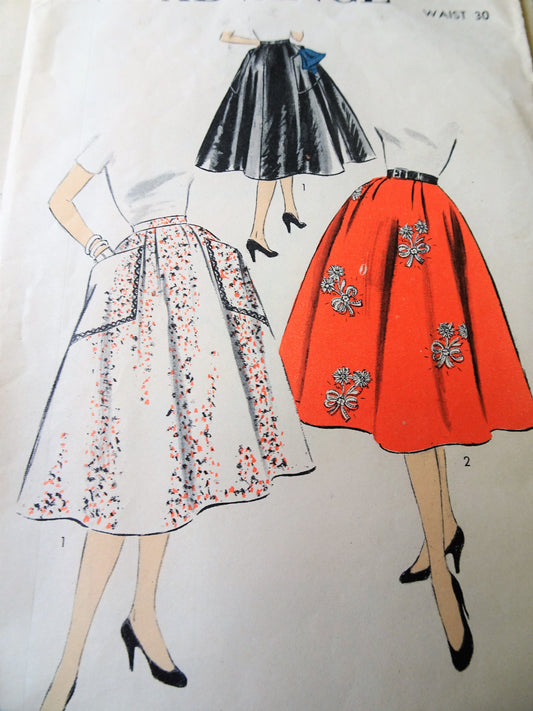 1950s Set of Full Skirts Pattern ADVANCE 6935 Two Lovely Versions Daytime or Evening Waist 30 Vintage Sewing Pattern