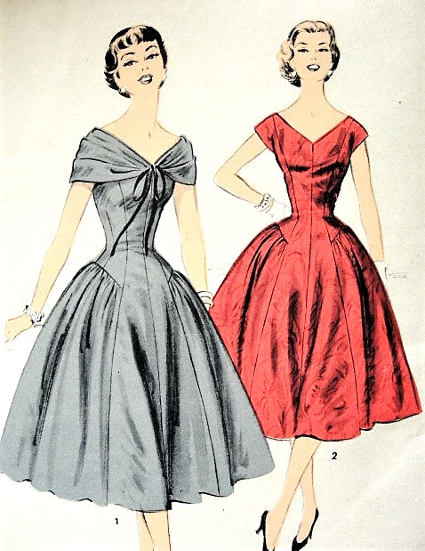 1950s BEAUTIFUL Draped Shoulder Princess Line Cocktail Party Evening Dress Pattern ADVANCE 6993 Two Lovely Styles Special Ocassion Dress Bust 30 Vintage Sewing Pattern FACTORY FOLDED