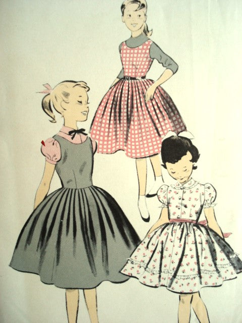 CUTE 1950s Girls Dress and Jumper Pattern ADVANCE 7759 Girls Sweet Puffed Sleeved Dress and Jumper Size 10 Vintage Sewing Pattern FACTORY FOLDED