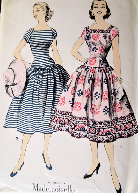 1950s BEAUTIFUL Day or Party Dress Pattern ADVANCE 7851 Long Torso Dress Perfect For Border Fabrics,Featured In MADEMOSISELLE Magazine,Bust 32 Vintage Sewing Pattern FACTORY FOLDED