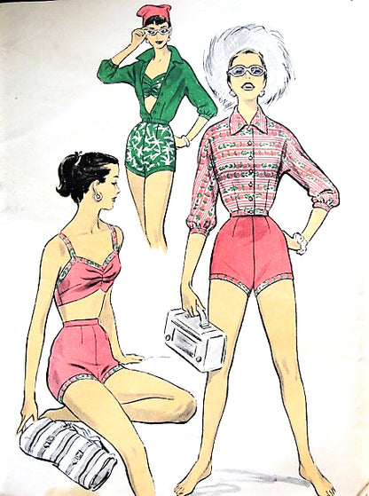 1950s BOMBSHELL Bathing Suit Swimsuit Pattern ADVANCE 8019 PinUp Style BeachWear Play Suit Swimming Suit, Shirt Bra Top High Waist Shorts Bust 30 Vintage Sewing Pattern FACTORY FOLDED